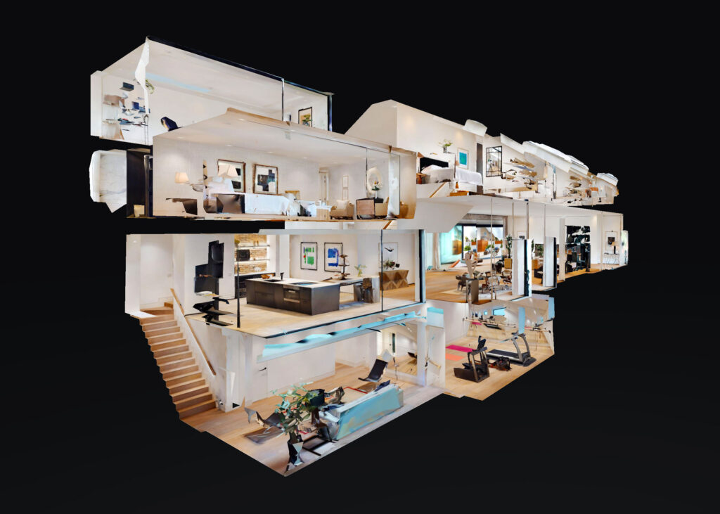 Model 3D Matterport wykończonego domu z widocznymi pokojami, schodami i wyposażeniem.